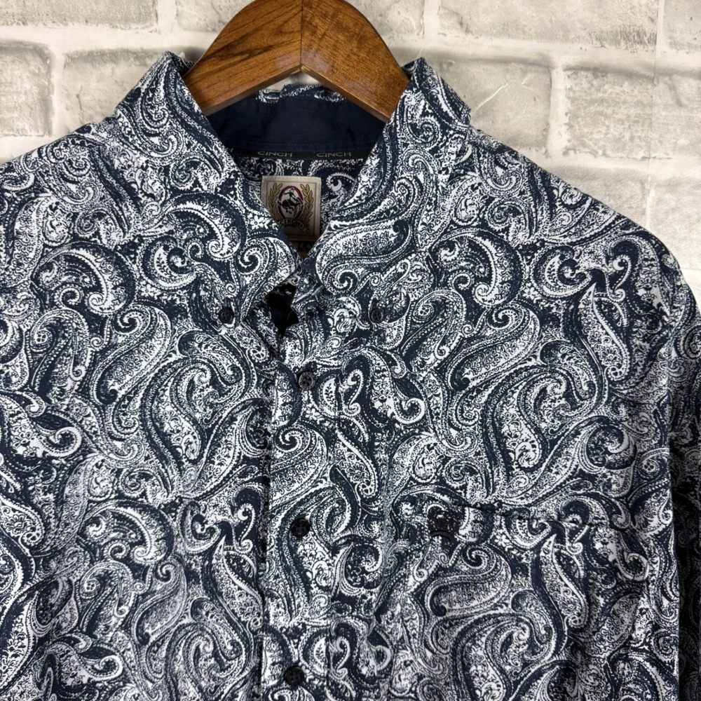Cinch Mens XL Paisley Western Button Down Shirt Navy White Long Sleeve Cotton